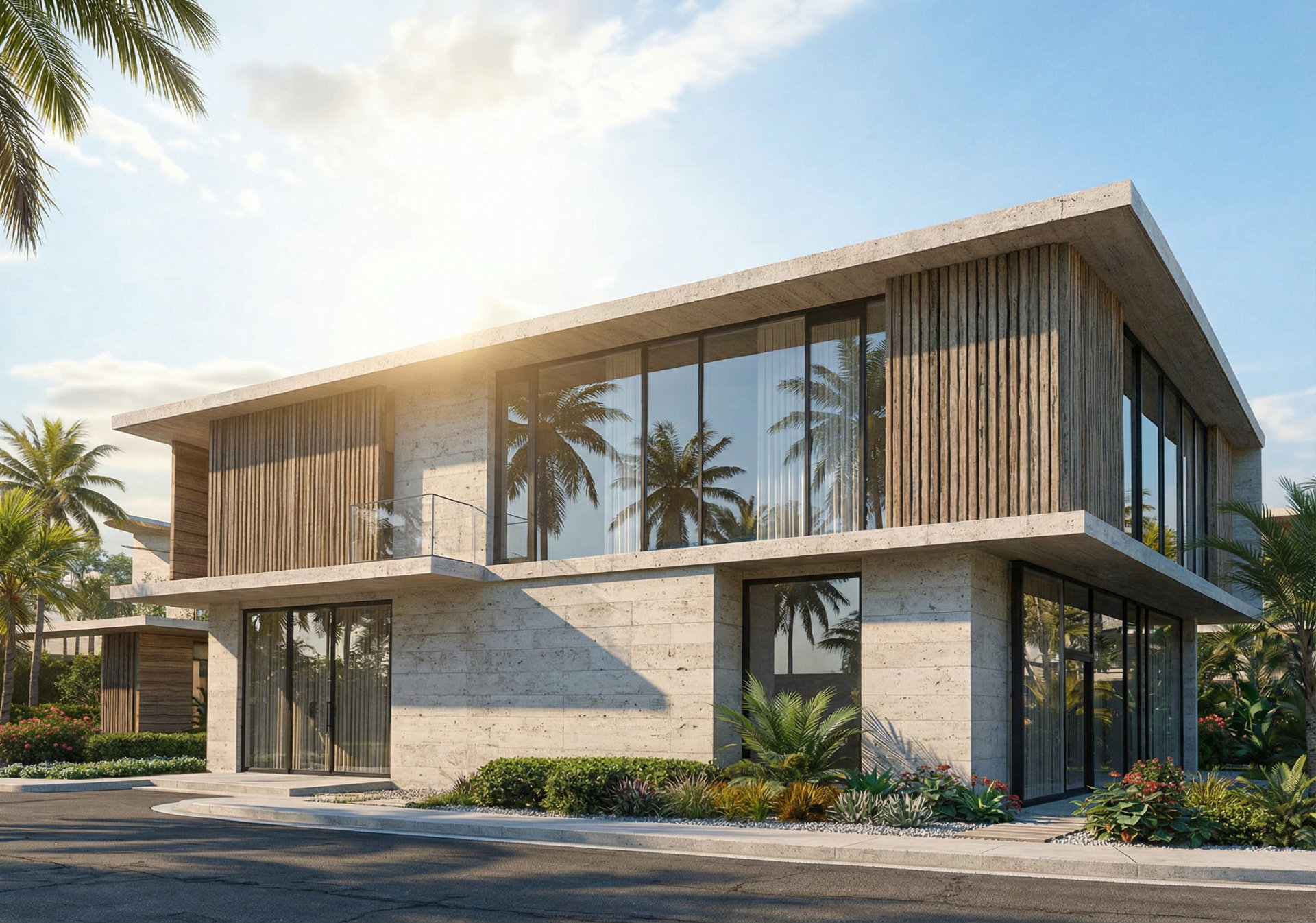 Diseño arquitectónico moderno con fachada de concreto y madera