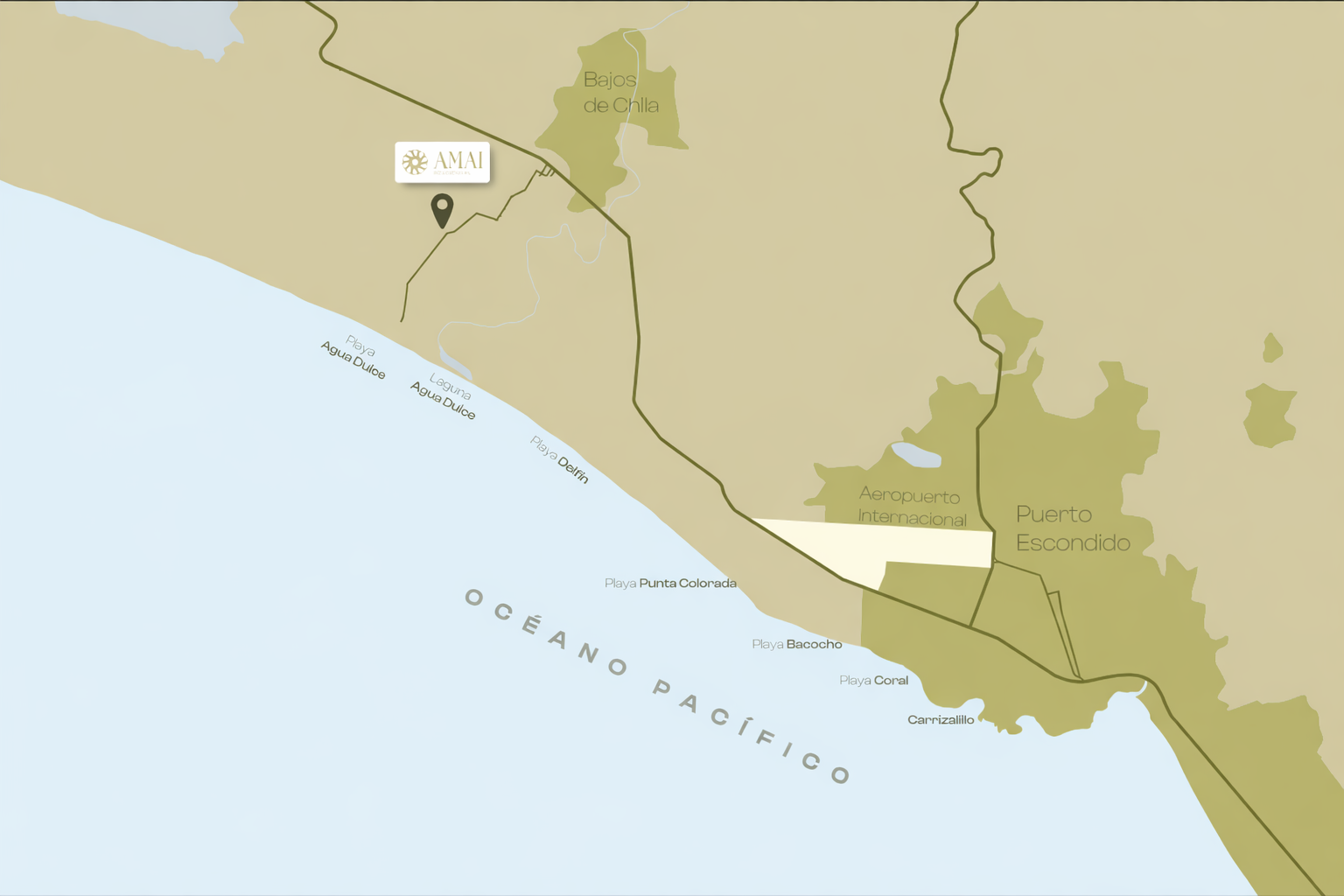 Mapa de ubicación de AMAI en Playa Agua Dulce, Puerto Escondido, Oaxaca